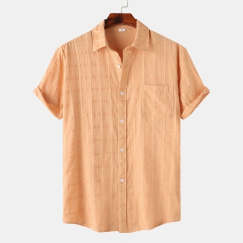 Casual plus size non-stretch lattice jacquard short-sleeved shirt