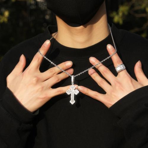 One pc hip hop rhinestones cross pendant stainless steel necklace (length:60cm)