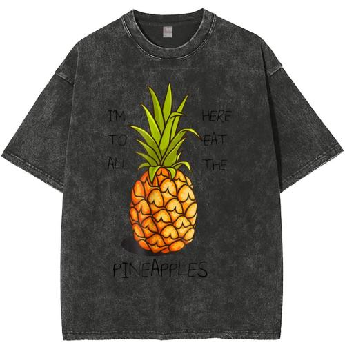 Casual plus size non-stretch simple letter pineapple print loose cotton t-shirt