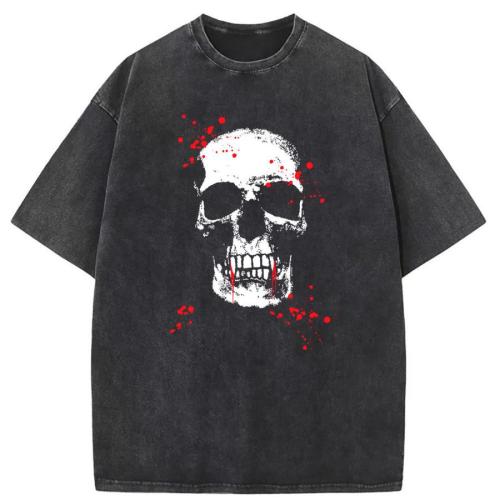 Casual plus size non-stretch skull print loose cotton breathable t-shirt