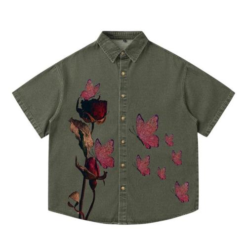 Casual non-stretch butterfly print cotton denim shirt size run small