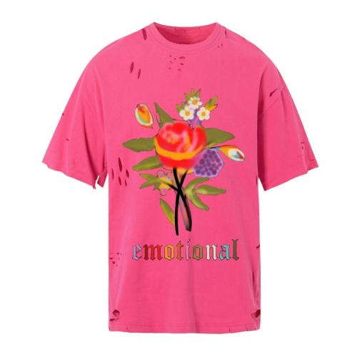 Casual non-stretch hole loose flower print cotton t-shirt size run small