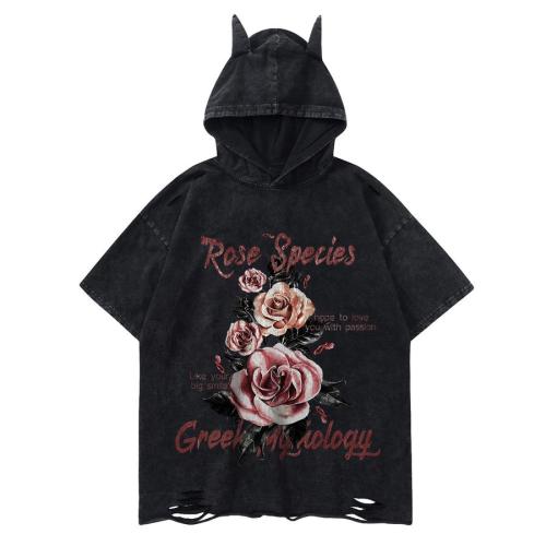 Casual non-stretch hole floral letter print cotton hooded t-shirt size run small