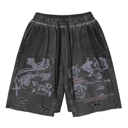 Casual non-stretch printed hole loose pocket shorts size run small