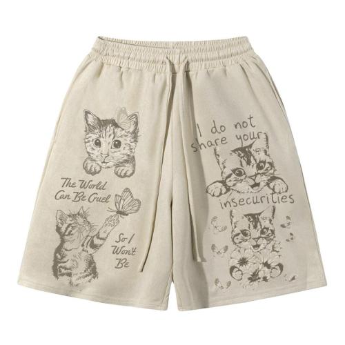 Casual non-stretch cat printed loose pocket suede shorts size run small
