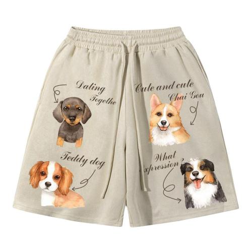 Casual non-stretch dog printed loose pocket suede shorts size run small