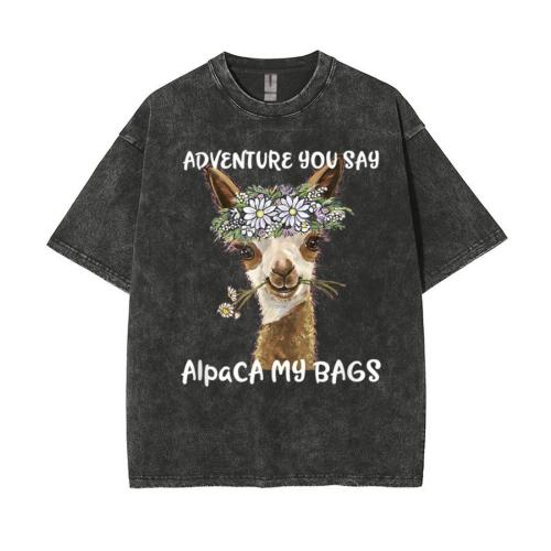 Casual plus size non-stretch letter alpaca print short sleeve cotton t-shirt