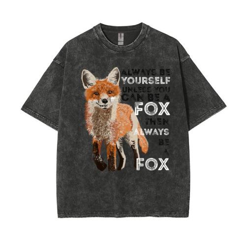 Casual plus size non-stretch fox letter print short sleeve loose cotton t-shirt