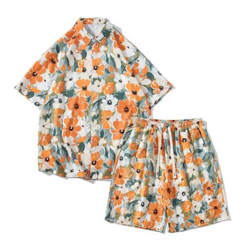 Casual plus size non-stretch floral printing loose shorts set size run small