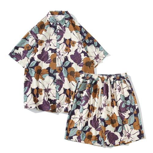 Casual plus size non-stretch flower batch print loose shorts set size run small