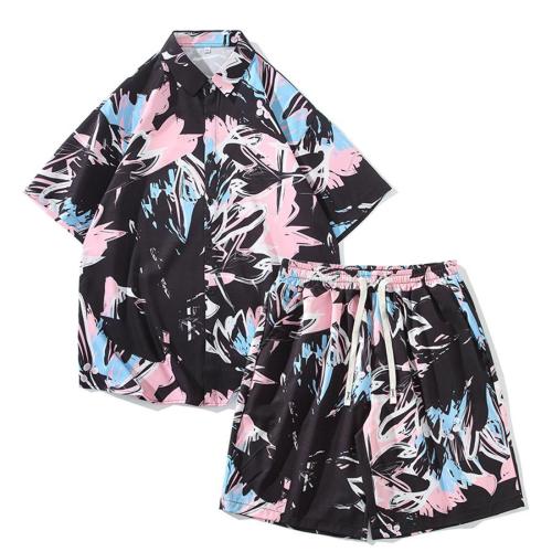 Casual plus size non-stretch batch printing loose shorts set size run small