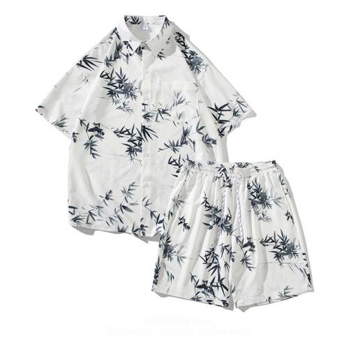 Casual plus size non-stretch bamboo leaf print loose shorts set size run small
