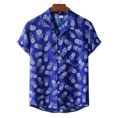 Casual plus size non-stretch pineapple print short sleeve shirt size run small