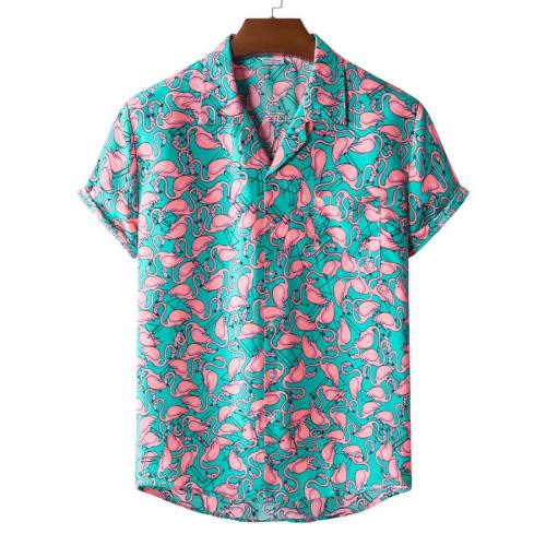 Casual plus size non-stretch flamingo print short sleeve shirt size run small
