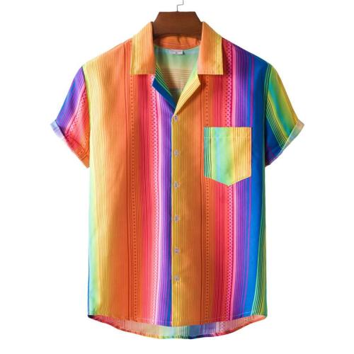 Casual plus size non-stretch gradient stripes short sleeve shirt size run small