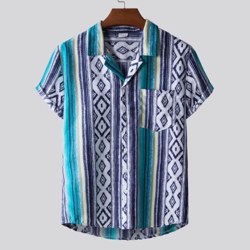 Casual plus size non-stretch stripe print short sleeve shirt size run small