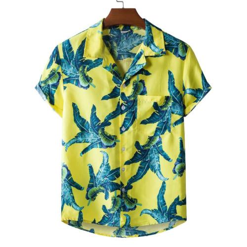 Casual plus size non-stretch leaf print short sleeve shirt size run small