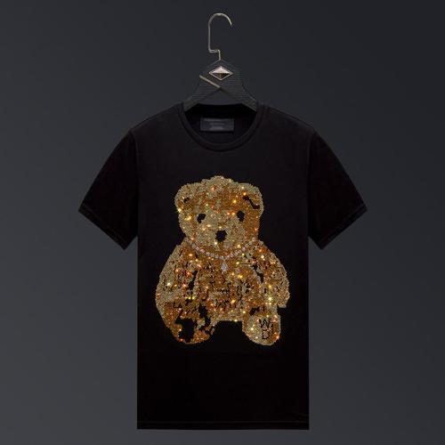 Casual plus size stretch rhinestone bear short sleeve t-shirt size run small