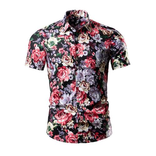 Stylish plus size non-stretch flowers batch printing short sleeve shirt#4