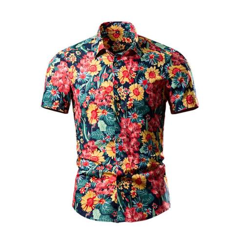 Stylish plus size non-stretch flowers batch printing short sleeve shirt#5