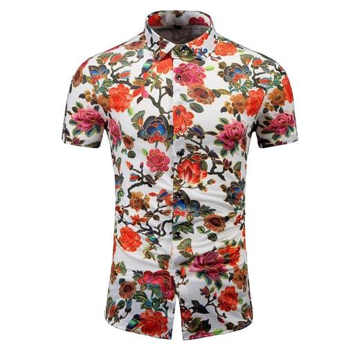 Stylish plus size slight stretch flower batch printing short sleeves shirt