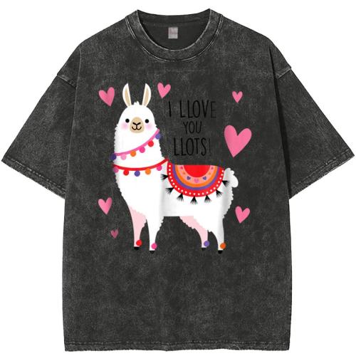 Cotton plus size non-stretch alpaca print short sleeve casual t-shirt