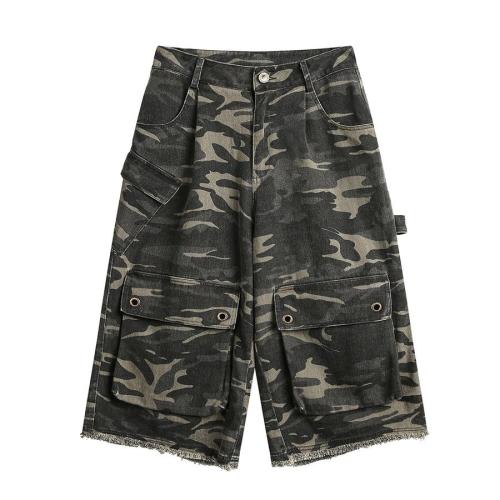 Stylish non-stretch camo print loose denim cropped pants size run small