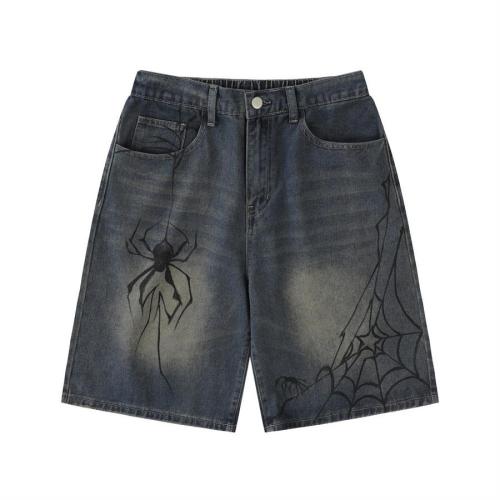 Stylish non-stretch spider print loose denim shorts size run small