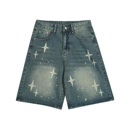 Stylish non-stretch cross star print loose denim shorts size run small