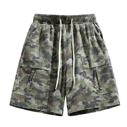 Stylish plus size non-stretch camo print drawstring loose cargo shorts