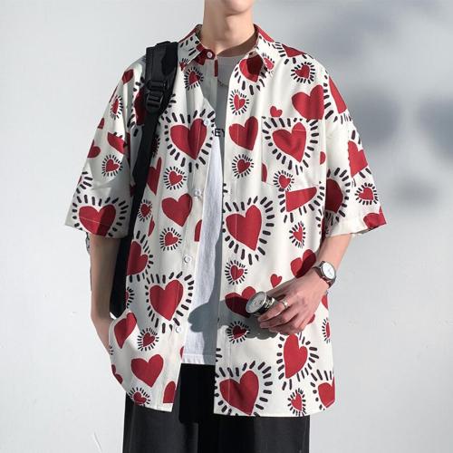 Casual plus size non-stretch heart print loose short sleeve shirt