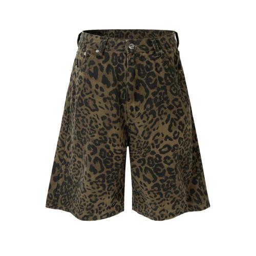 High street plus size non-stretch leopard batch printing denim shorts