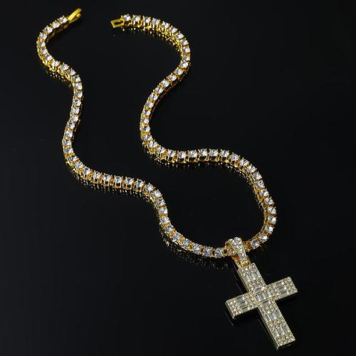 One pc hip hop new full rhinestones cross pendant alloy necklace (length:50cm)