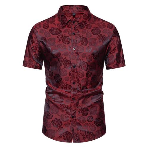 Casual plus size slight stretch rose print single-breasted short sleeve shirt