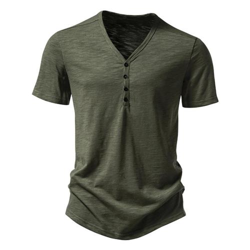 Casual plus size non-stretch solid color v-neck button short-sleeved t-shirt