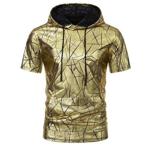 Stylish plus size non-stretch holographic printed hooded short-sleeved t-shirt