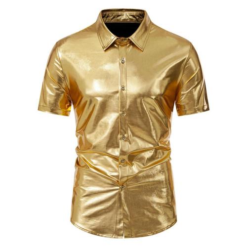 Casual plus size non-stretch solid color holographic short sleeve shirt