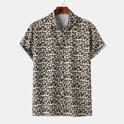 Casual plus size non-stretch leopard batch printing short sleeve shirt