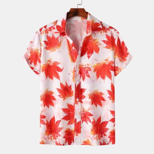 Casual plus size non-stretch maple leaf print short sleeve shirt