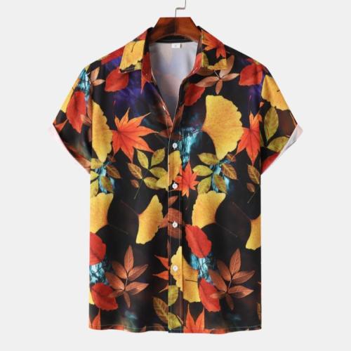 Casual plus size non-stretch maple leaf print short sleeve shirt#1