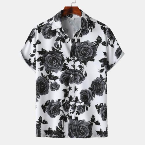 Casual plus size non-stretch black rose print short sleeve shirt