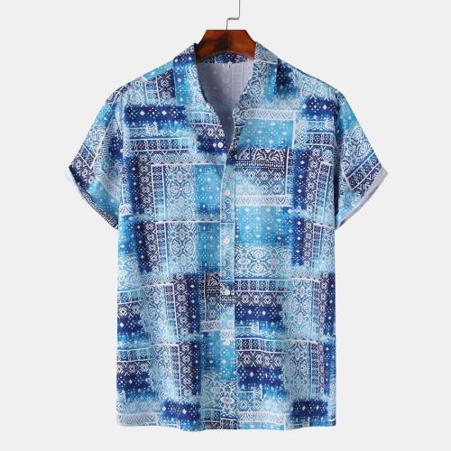 Casual plus size non-stretch contrast color print short sleeve shirt