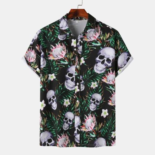 Casual plus size non-stretch flower skull print short sleeve shirt