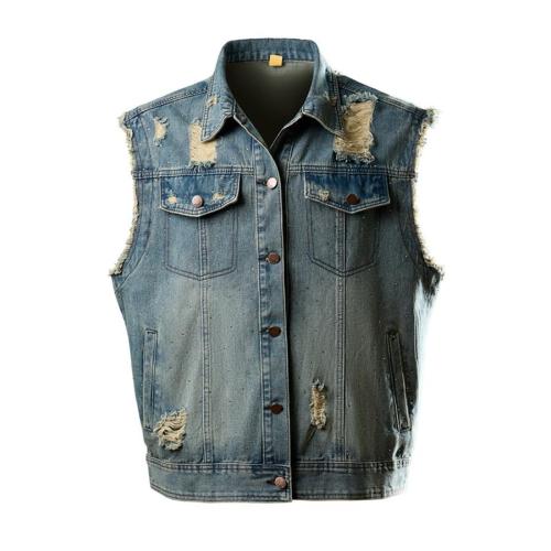 Stylish plus size non-stretch ripped rhinestone decor denim vest