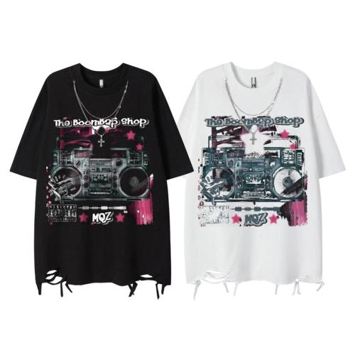 Hip hop non-stretch printed hole cotton chain decor loose t-shirt size run small