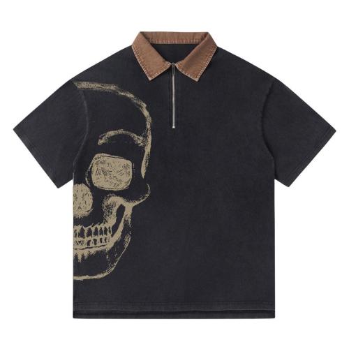 Cotton non-stretch skull print loose casual polo shirt size run small