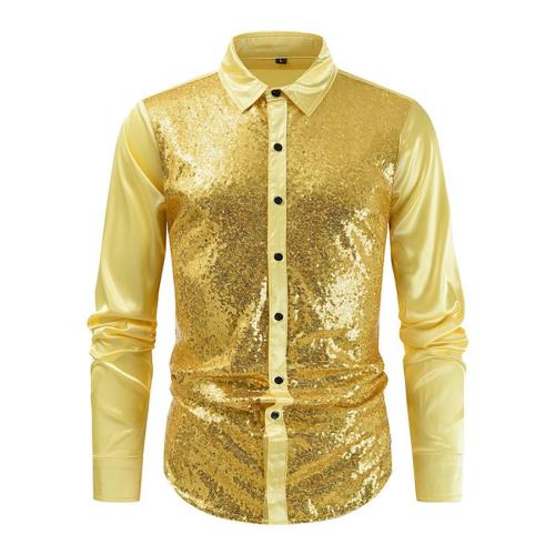 Stylish plus size non-stretch satin sequins long sleeve shirt