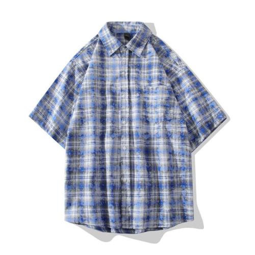 Casual plus size non-stretch 3 colors plaid print loose short sleeve shirt