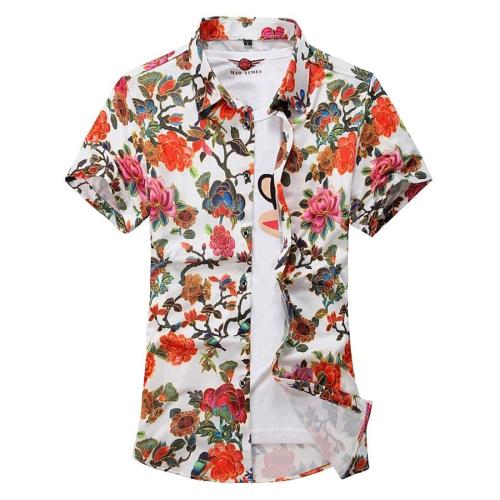 Stylish plus size non-stretch flower batch printing short sleeve shirt