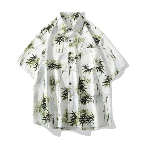 Casual plus size non-stretch bamboo leaf print loose breathable shirt